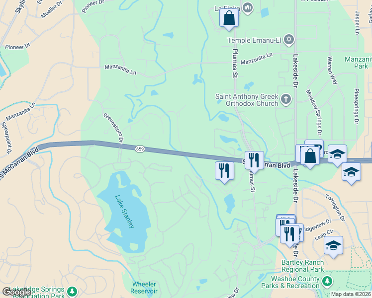 map of restaurants, bars, coffee shops, grocery stores, and more near 1200 Golf Club Drive in Reno