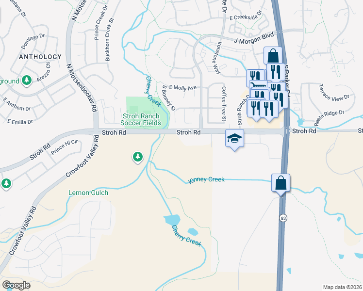map of restaurants, bars, coffee shops, grocery stores, and more near 6490 East Stroh Road in Parker