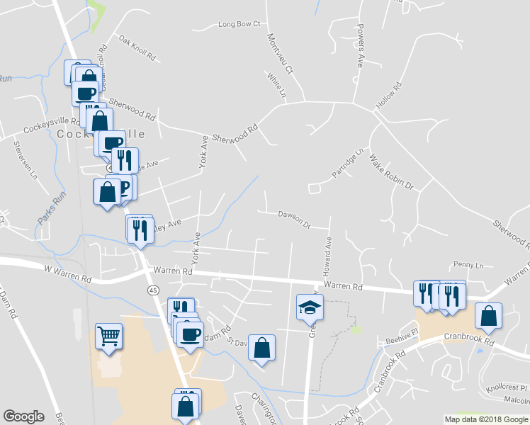 map of restaurants, bars, coffee shops, grocery stores, and more near 205 Dawson Drive in Cockeysville