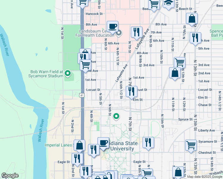 map of restaurants, bars, coffee shops, grocery stores, and more near 600 Lafayette Avenue in Terre Haute