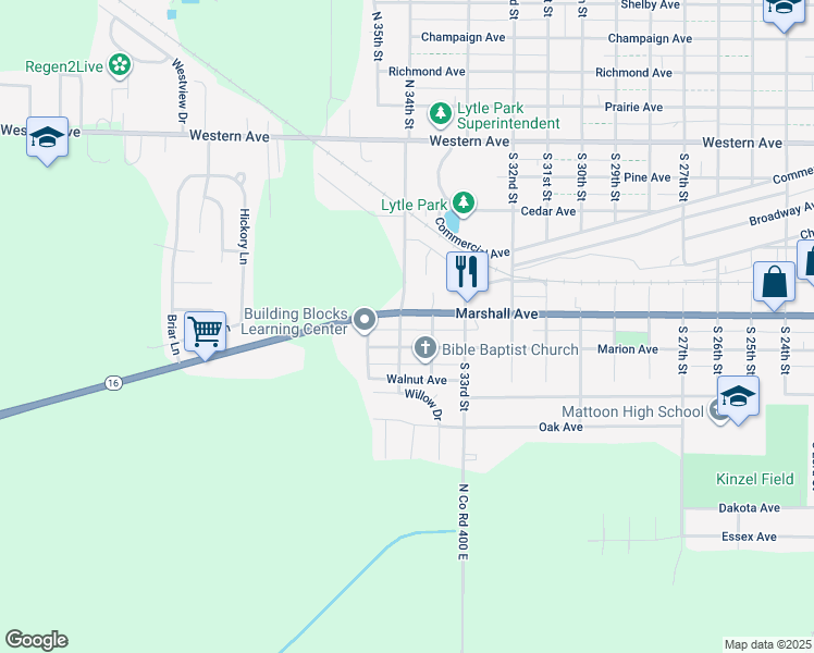 map of restaurants, bars, coffee shops, grocery stores, and more near 608 South 35th Street in Mattoon
