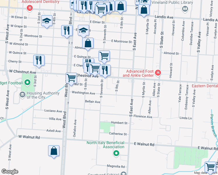 map of restaurants, bars, coffee shops, grocery stores, and more near 729 East Chestnut Avenue in Vineland