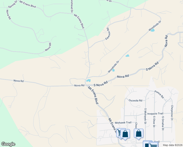 map of restaurants, bars, coffee shops, grocery stores, and more near 1100 Mount Evans Boulevard in Pine