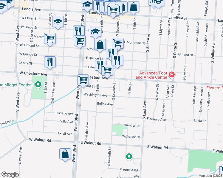 map of restaurants, bars, coffee shops, grocery stores, and more near 626 Washington Avenue in Vineland