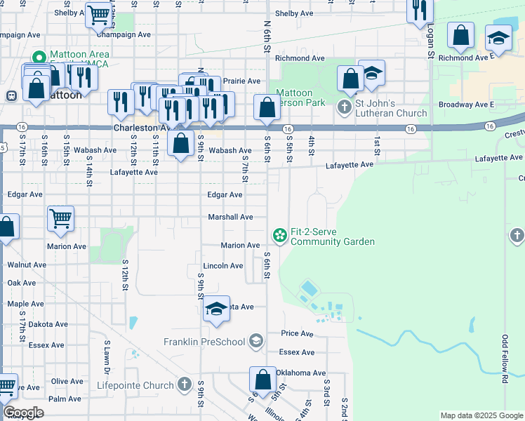 map of restaurants, bars, coffee shops, grocery stores, and more near 601 Marshall Avenue in Mattoon