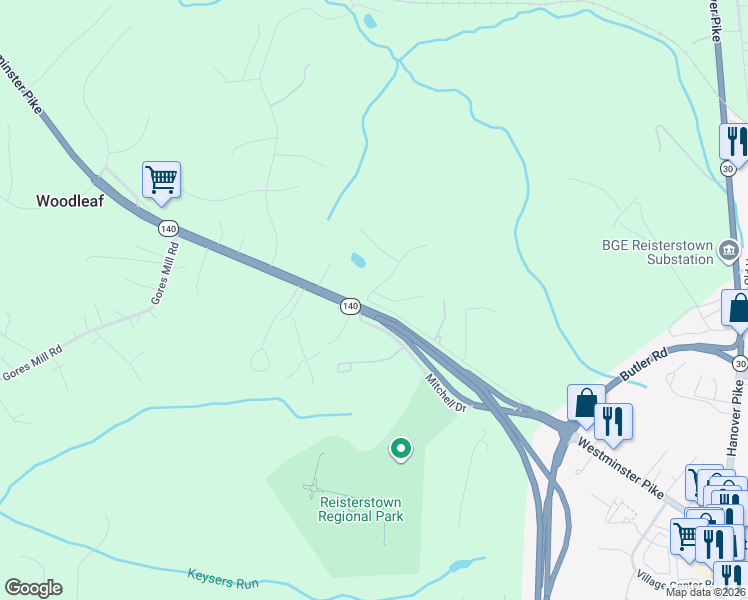 map of restaurants, bars, coffee shops, grocery stores, and more near 1 Amy Brent Way in Reisterstown