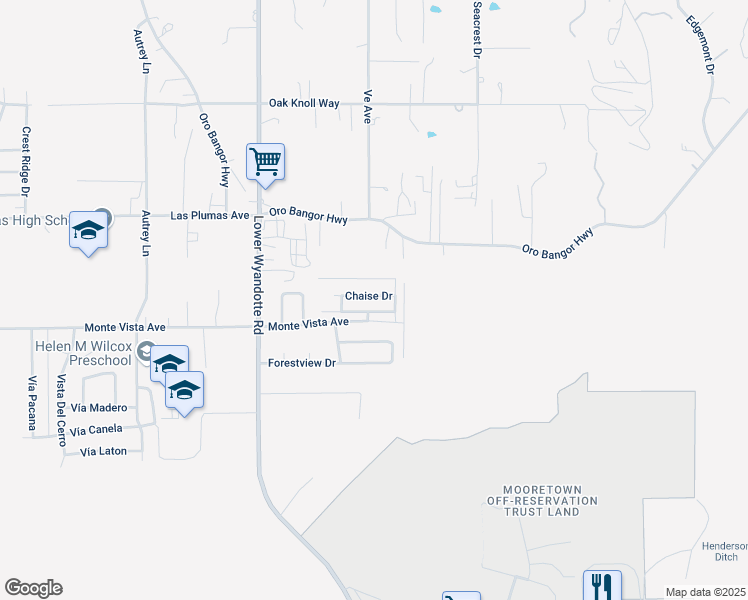 map of restaurants, bars, coffee shops, grocery stores, and more near 2655 Brougham Drive in Oroville