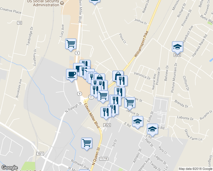 map of restaurants, bars, coffee shops, grocery stores, and more near 1300 Hinton Court in Martinsburg