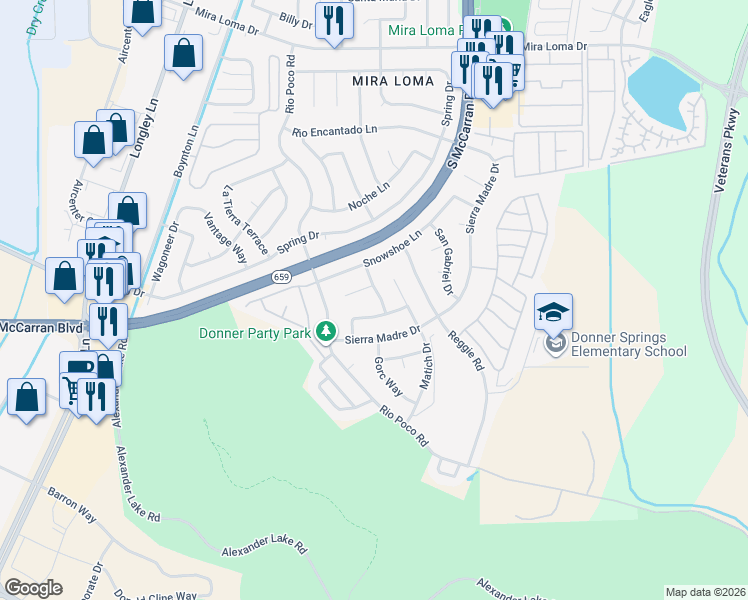 map of restaurants, bars, coffee shops, grocery stores, and more near 4150 Bismarck Drive in Reno