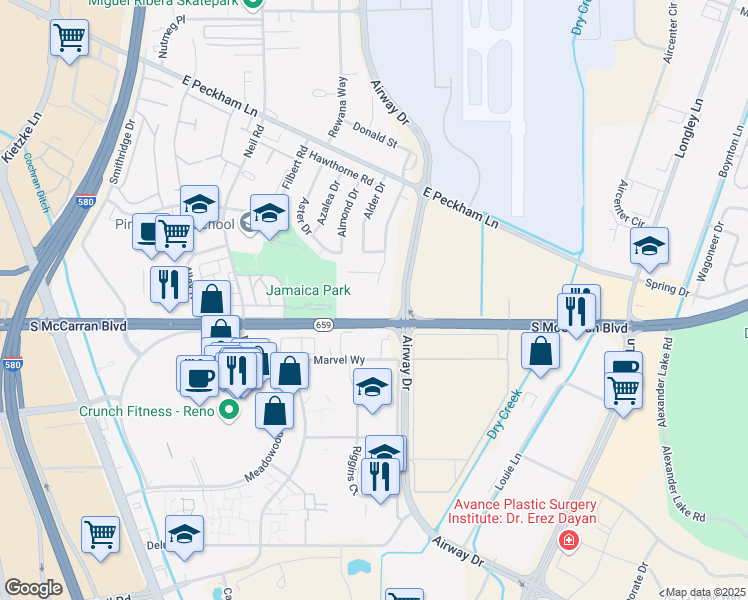 map of restaurants, bars, coffee shops, grocery stores, and more near 4383-4655 South McCarran Boulevard in Reno