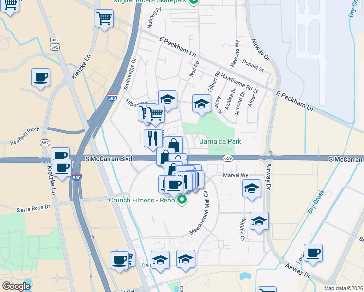 map of restaurants, bars, coffee shops, grocery stores, and more near 800 Alley No 4 in Reno