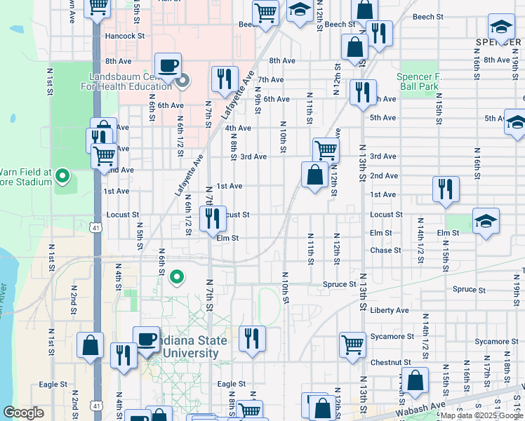 map of restaurants, bars, coffee shops, grocery stores, and more near 801-899 N 9th St in Terre Haute