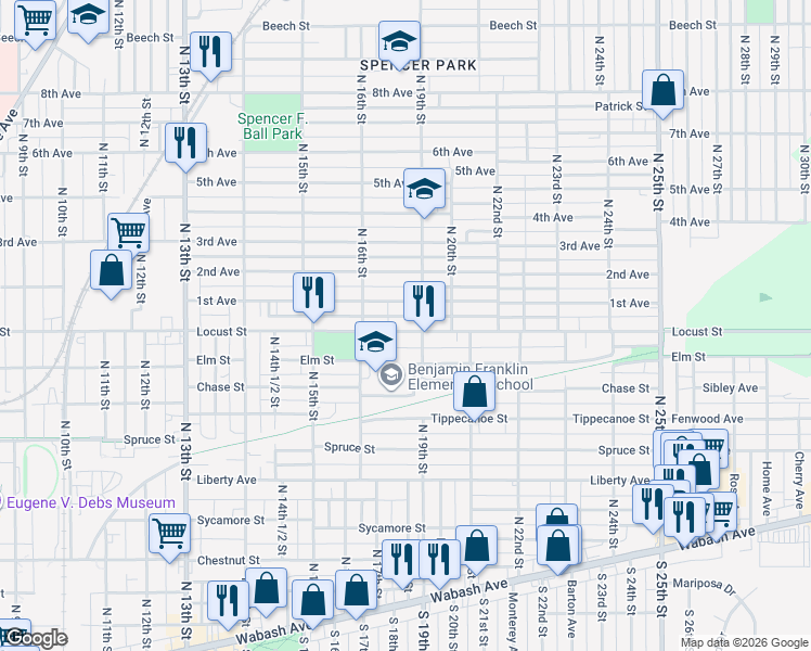 map of restaurants, bars, coffee shops, grocery stores, and more near 800-898 North 19th Street in Terre Haute