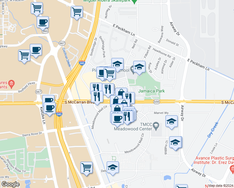 map of restaurants, bars, coffee shops, grocery stores, and more near 5041 Catalina Drive in Reno