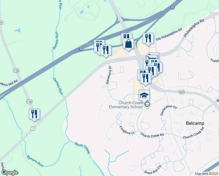 map of restaurants, bars, coffee shops, grocery stores, and more near 1443 Primrose Place in Belcamp