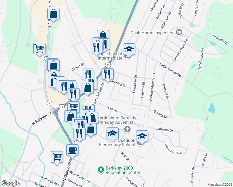 map of restaurants, bars, coffee shops, grocery stores, and more near 59 Quartz Road in Martinsburg