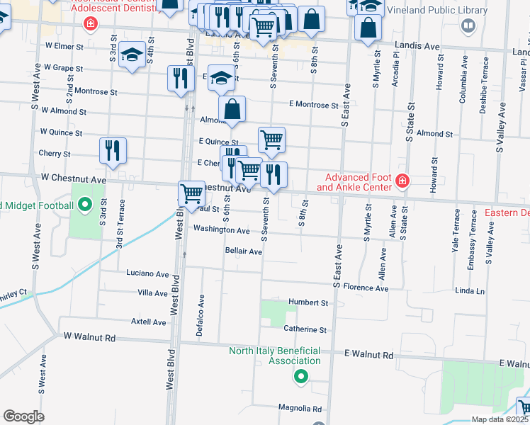 map of restaurants, bars, coffee shops, grocery stores, and more near 699 Paul Street in Vineland