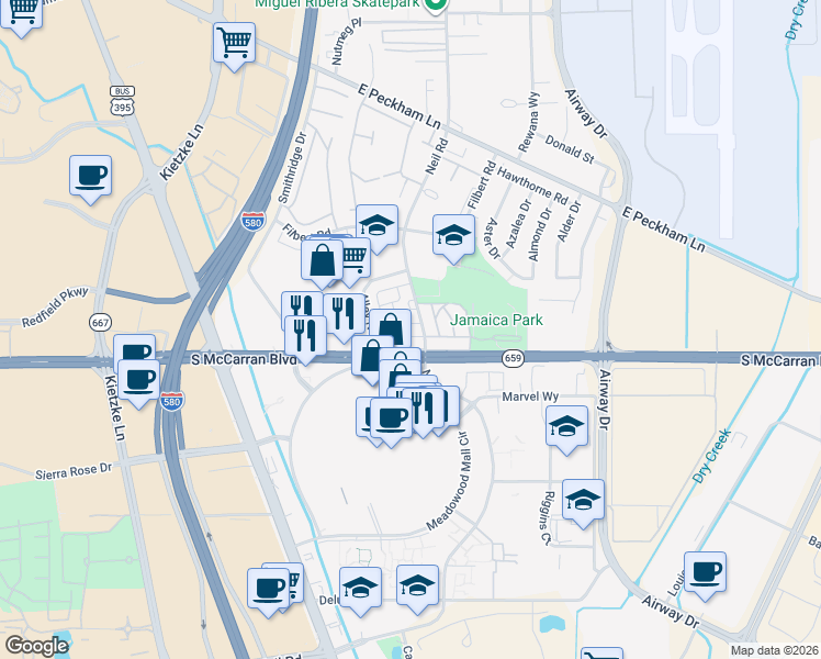 map of restaurants, bars, coffee shops, grocery stores, and more near 4960 Neil Road in Reno