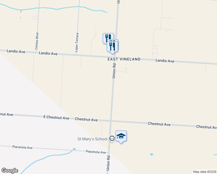 map of restaurants, bars, coffee shops, grocery stores, and more near 614b Union Road in Vineland