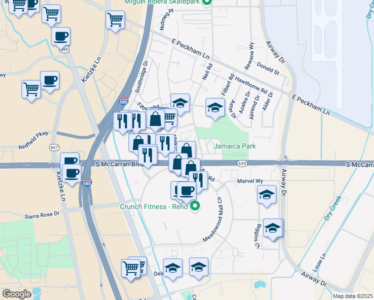 map of restaurants, bars, coffee shops, grocery stores, and more near 705 Jamaica Avenue in Reno