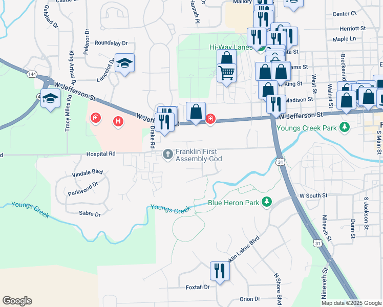 map of restaurants, bars, coffee shops, grocery stores, and more near 1051 Wild Ivy Trail in Franklin