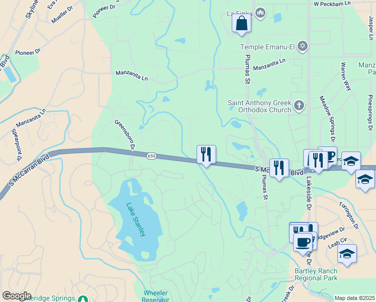 map of restaurants, bars, coffee shops, grocery stores, and more near 5125 Rio Pinar Drive in Reno