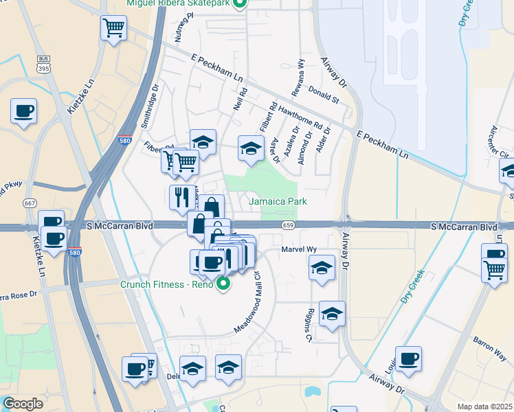 map of restaurants, bars, coffee shops, grocery stores, and more near 5020 Tahiti Way in Reno