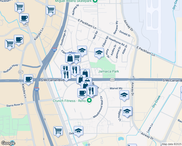 map of restaurants, bars, coffee shops, grocery stores, and more near 4960 Neil Road in Reno