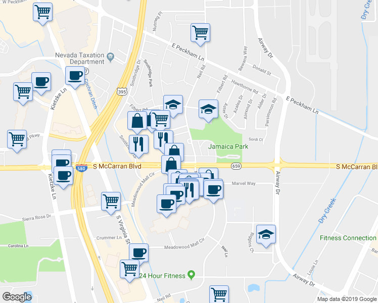 map of restaurants, bars, coffee shops, grocery stores, and more near 4960 Neil Road in Reno