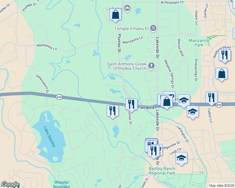 map of restaurants, bars, coffee shops, grocery stores, and more near 4831 Lakeridge Terrace West in Reno