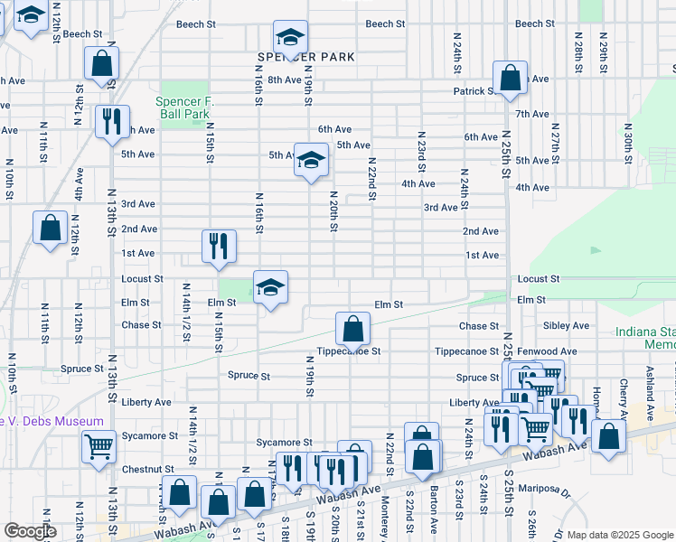 map of restaurants, bars, coffee shops, grocery stores, and more near 2000 1st Avenue in Terre Haute