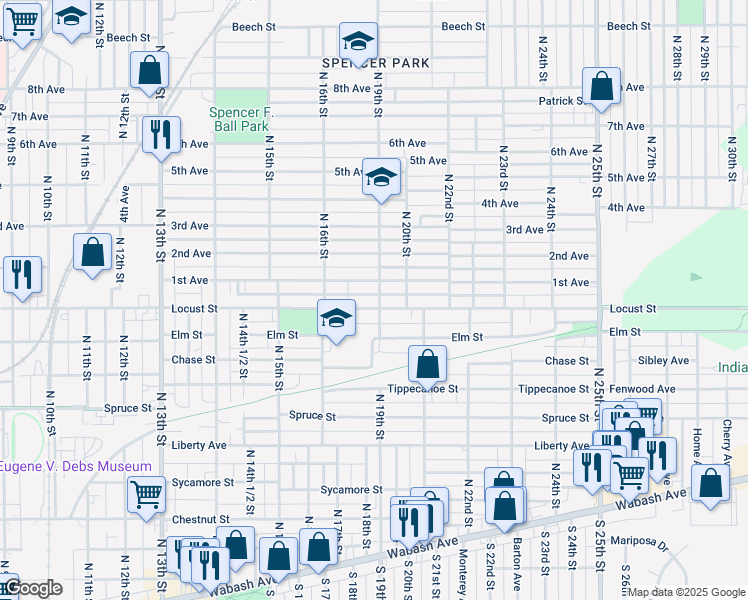 map of restaurants, bars, coffee shops, grocery stores, and more near 1660 1st Avenue in Terre Haute