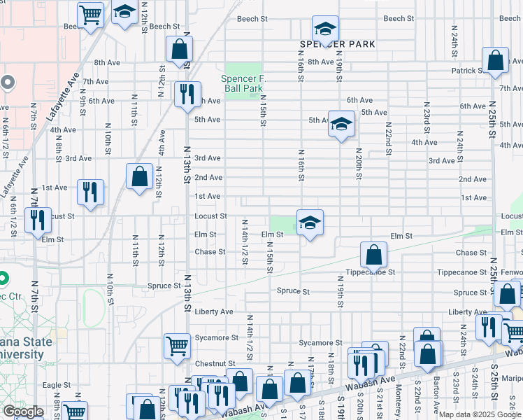 map of restaurants, bars, coffee shops, grocery stores, and more near 1500 1st Avenue in Terre Haute