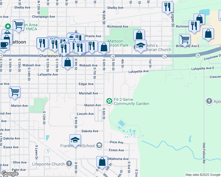 map of restaurants, bars, coffee shops, grocery stores, and more near 23-37 Lafayette Meadows in Mattoon