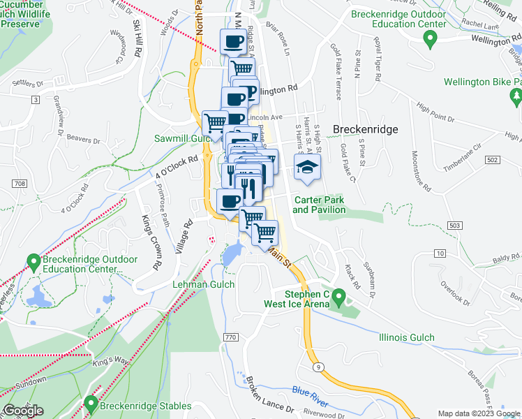 map of restaurants, bars, coffee shops, grocery stores, and more near 303 South Main Street in Breckenridge