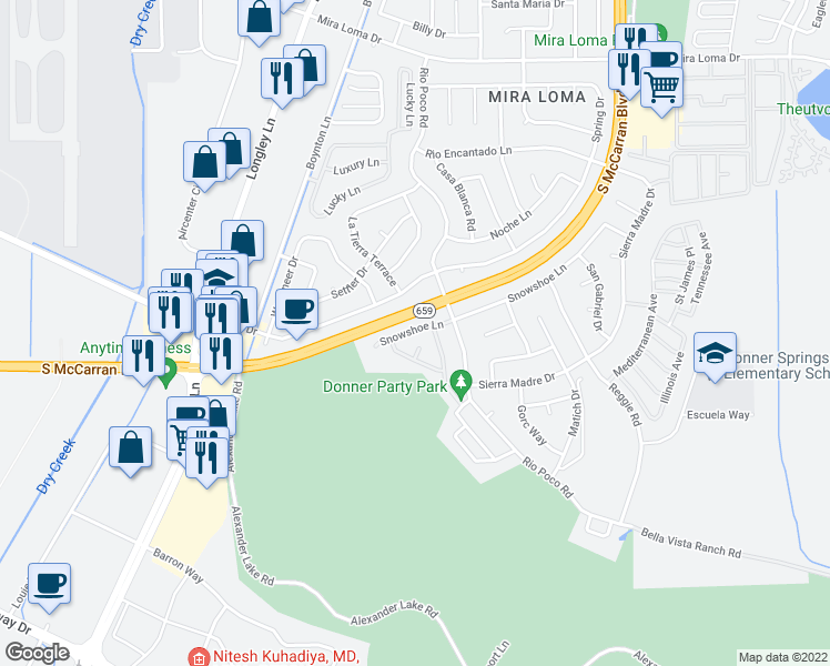 map of restaurants, bars, coffee shops, grocery stores, and more near 4078 Snowshoe Lane in Reno