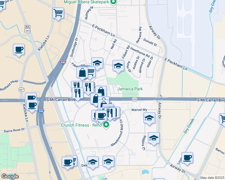 map of restaurants, bars, coffee shops, grocery stores, and more near 4960 Neil Road in Reno