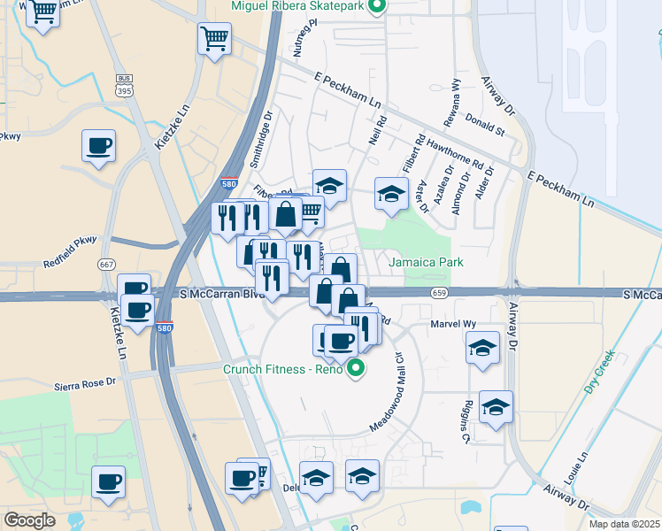 map of restaurants, bars, coffee shops, grocery stores, and more near 5010 Catalina Drive in Reno