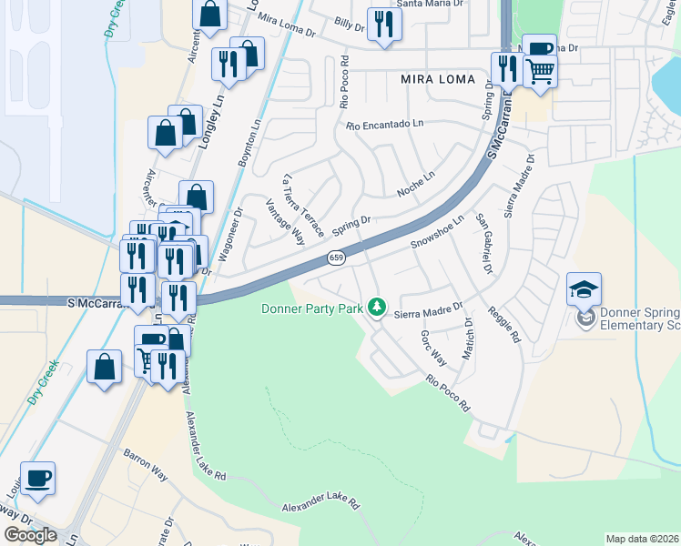 map of restaurants, bars, coffee shops, grocery stores, and more near 4078 Snowshoe Lane in Reno