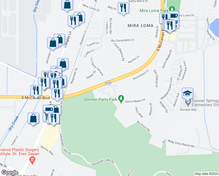 map of restaurants, bars, coffee shops, grocery stores, and more near 4078 Snowshoe Lane in Reno
