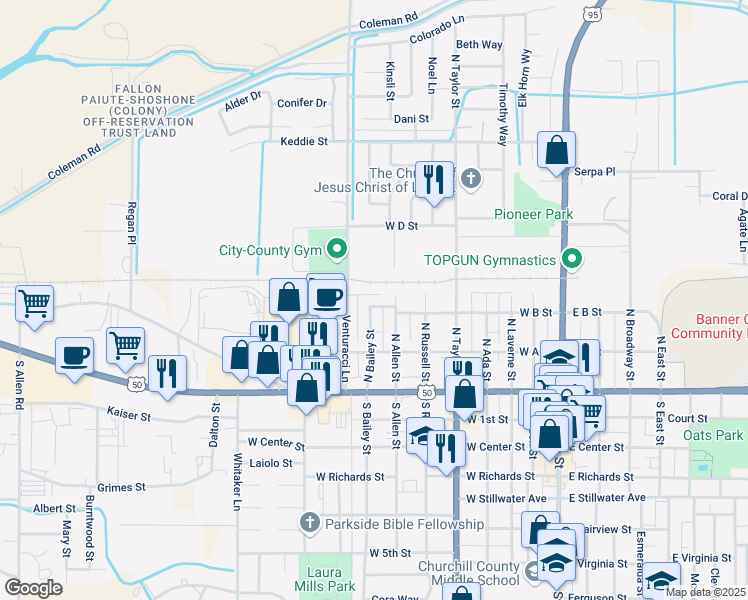 map of restaurants, bars, coffee shops, grocery stores, and more near 640 West B Street in Fallon