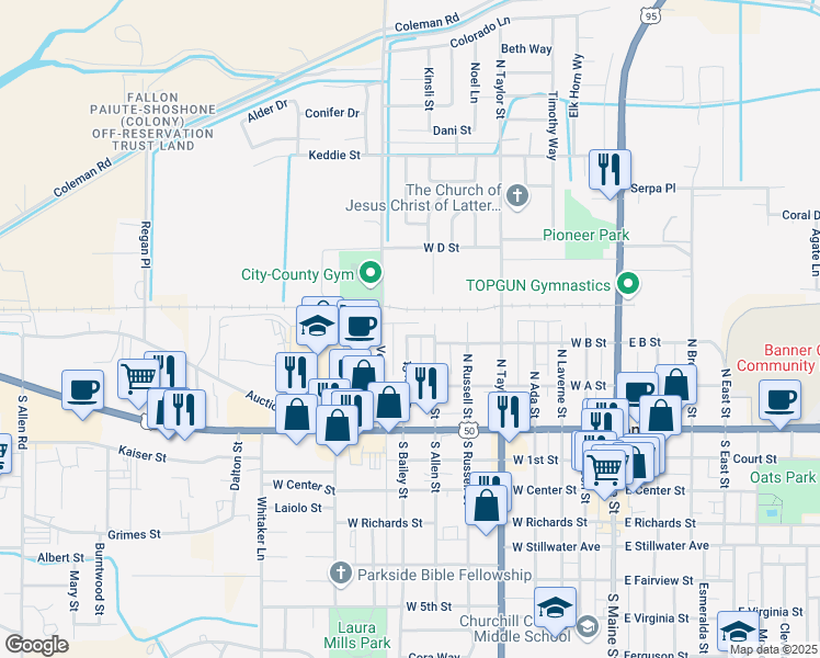 map of restaurants, bars, coffee shops, grocery stores, and more near 640 West B Street in Fallon