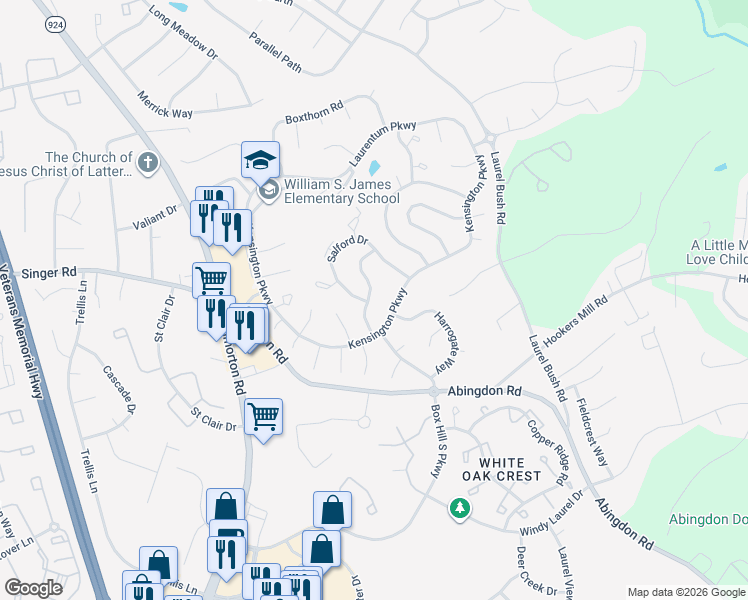 map of restaurants, bars, coffee shops, grocery stores, and more near 2917 Brightwater Lane in Abingdon