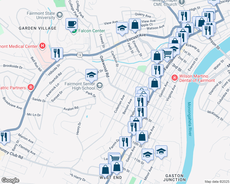 map of restaurants, bars, coffee shops, grocery stores, and more near 909-915 7th St in Fairmont