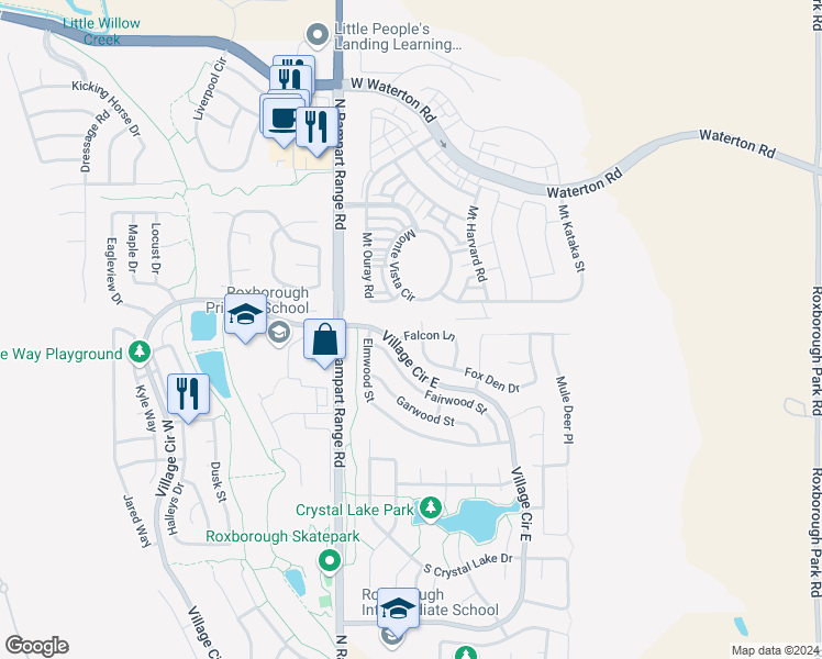 map of restaurants, bars, coffee shops, grocery stores, and more near 9857 Falcon Lane in Littleton