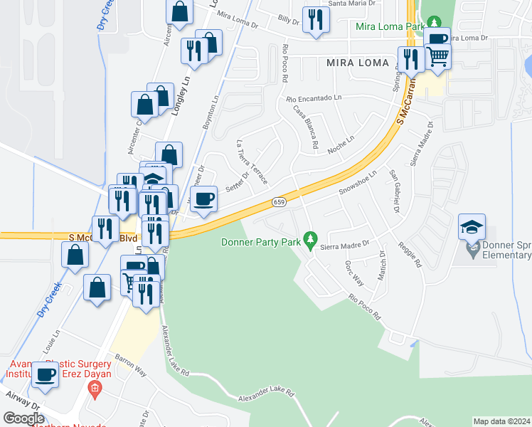 map of restaurants, bars, coffee shops, grocery stores, and more near 4061 Snowshoe Lane in Reno