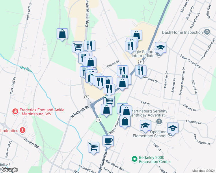 map of restaurants, bars, coffee shops, grocery stores, and more near 125 Pleasant Court in Martinsburg