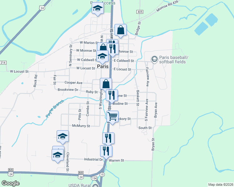 map of restaurants, bars, coffee shops, grocery stores, and more near 166-198 S Main St in Paris