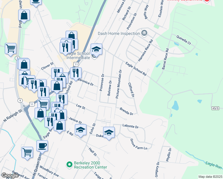 map of restaurants, bars, coffee shops, grocery stores, and more near 259 Belview Drive in Martinsburg