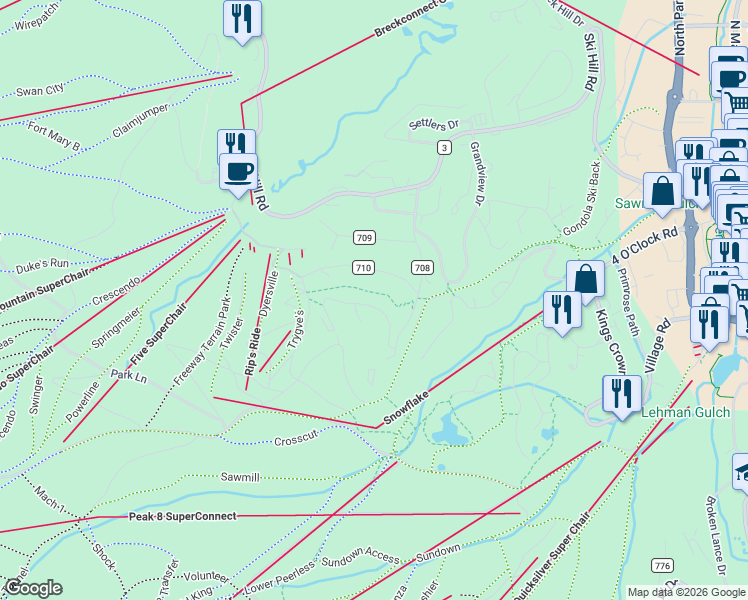 map of restaurants, bars, coffee shops, grocery stores, and more near 364 4 O'Clock Run Road in Breckenridge